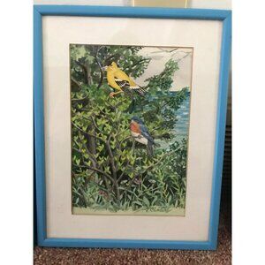 1970's Karen M. Carter Detroit Artist Watercolor Painting Collage Yellow Finch